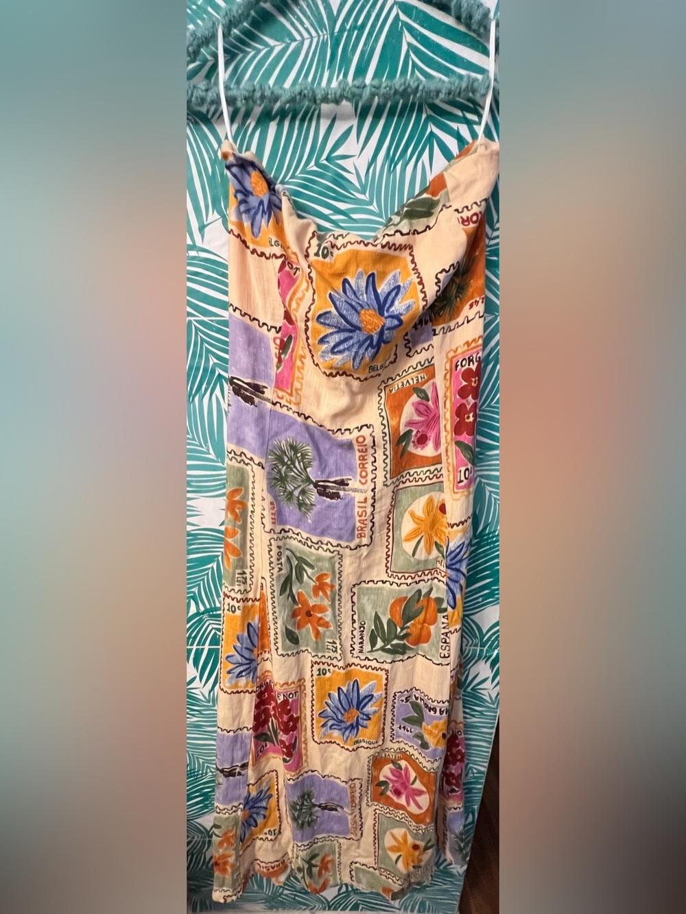 Paper heart strapless stamp stropical print Dress in Cream w/Multicolor tie back
